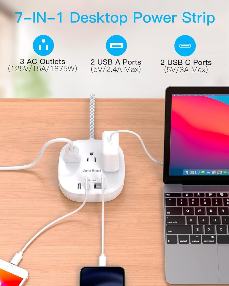 One Beat Flat Plug Power Strip, 6ft Ultra Flat Extension Cord - 3 Outlets 4 USB Ports (2 USB C) 22.5W/4.5A Desktop Charging Station, Power Strip No Surge Protection for Cruise Ship, Dorm Room Travel Essentials - Image 4